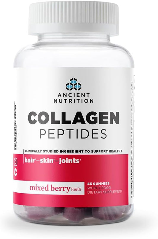 Ancient Nutrition Collagen Peptides Gummies, Collagen Peptides Mixed Berry Chewable Gummies, Supports Healthy Skin, Joints, Gut, Keto and Paleo Friendly, 45 Count, 500mg Collagen per Serving