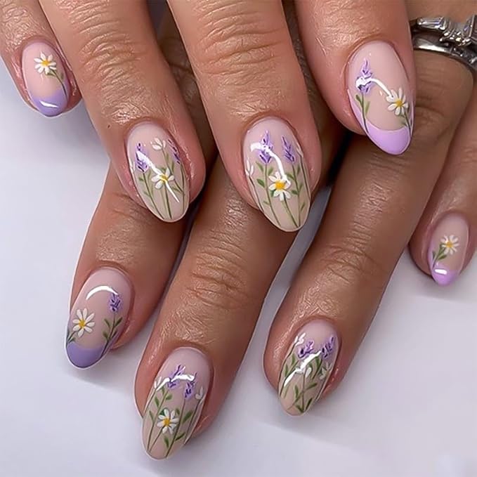 XZMeiLun Press On Nails Spring Summer Acrylic Nails for Women - Lavender Designer Fake Nails Short Almond 24PCS, Glossy Soft Gel with Glue, Outdoor Picnic/Wedding/Party Reusable Stick On Nails Gift