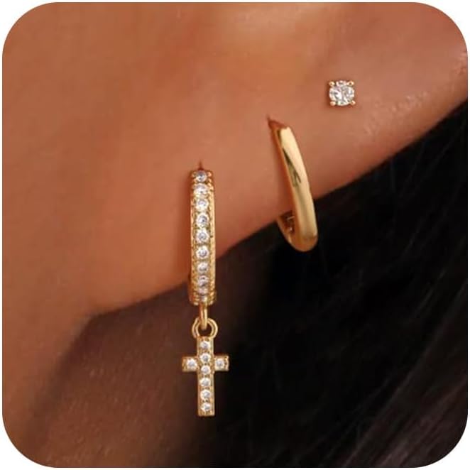 Freekiss 3 Pairs Gold Hoop Earrings Set: Dainty Stud Earrings Trendy Small 14K Gold Plated Hypoallergenic Dangle Cartilage Huggie Hoop Earrings for Women Gold Jewelry for Women Gifts