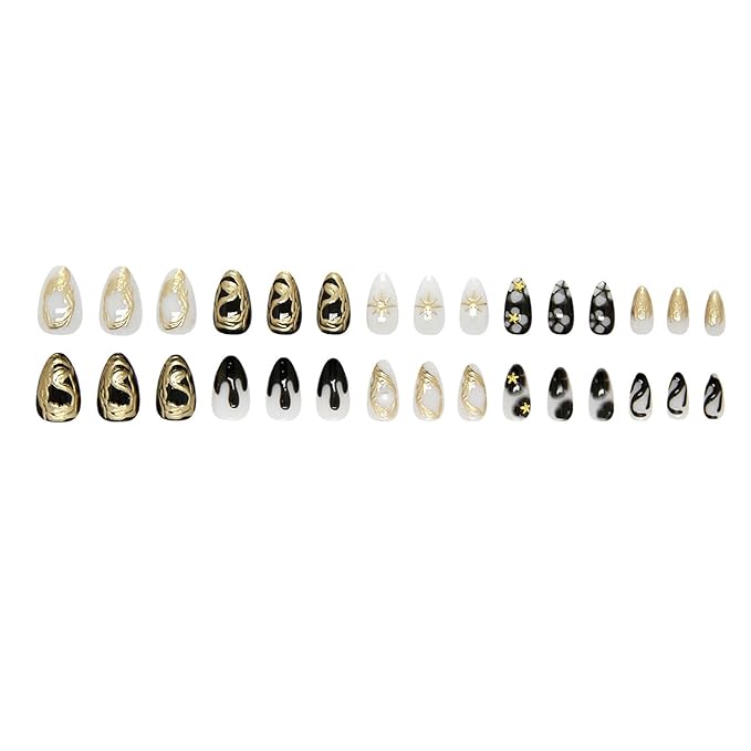 Chrome Gold Press on Nails Almond Fake Nails 3D Gold Star Totem False Nails with Glitter Rhinestones Nail Designs Charms Press on Artificial Nails Glossy Full Over Stick on Nails for Women DIY Decor