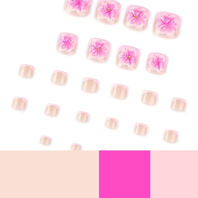 24Pcs Pink French Tip Press on Toenails Full Cover 3D Flowers Fake Toenails Short Square Summer French False Toenail Cute Toe Nails Press ons Glossy Toenails for Pedicure Decorations