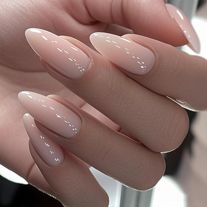 GLAMERMAID Press on Nails Medium Almond, Spring Summer Nude Gel Glue on Nail, Glossy Short Stiletto Reusable UV Finish Fake Nails Acrylic False Nails Manicure Kits for Women