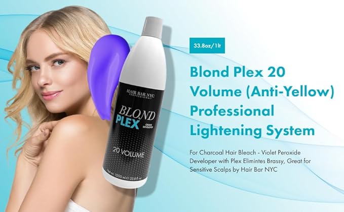 HAIR BAR NYC 20 Volume - Blond Plex Anti-Yellow Porfessional Lightening System for Charcoal Hair Bleach - Violet Developer with Plex, Reduce Brassy, Eliminates Orange Tones 33.8oz/1lt