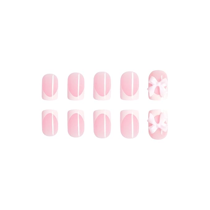 White French Tip Press on Nails Short - Square Fake Nails with Pink Bow Design - Cute Full Cover Stick on False Nails for Women 24 Pcs