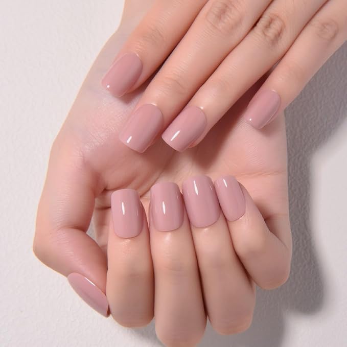 evpct Mauve Short Press on Nails Square, Glossy Soft Gel Acrylic Fake Press on Nails Manicure Kit, Reusable Artificial Stick on Nail for Women, Full Cover Easy Application Easy At-Home Salon