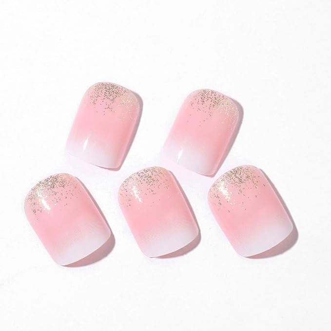 Foccna Square Ombre Press on Nails -Soft Gel Press on Nails Short Pink Fake Nails Square Bling Glossy False Nail Tips Artificial Nails for Women and Girls,24pcs