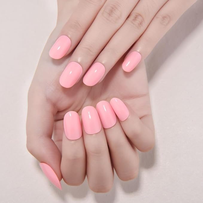evpct Peach Pink Medium Oval Glossy Press on Nails for Women Gift, Glossy Peach Pink Fake Nail with Kits Manicure Kit, Soft Gel Full Cover Reusable Stick on Soft Acrylic False Nails Perfectly Fit
