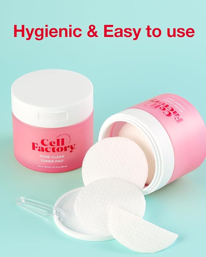 CELL FACTORY Pore Clear Toner Pad - Vegan, Skin Safety Tested, Peptides 60,000ppm, Retexturizing, Sebum Control, Pore Tightening, Mild Exfoliating & Calming - Italian V-Label Certified, 60 Pads