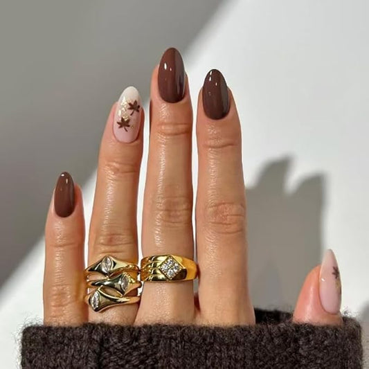 XZMeiLun Fall Brown Press on Nails Short Almond,Maple Leaf Glossy Design Acrylic Fake Nails with Full Cover Stick on Nails,Reusable Glue-On Stickers for Autumn Fashion False Nails for Women Gift