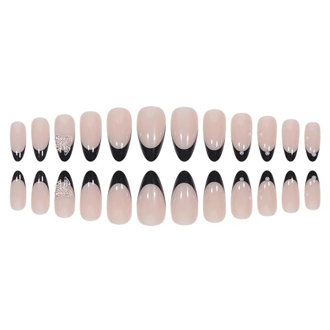 Foccna Press on Nails Medium Pearl Black Fake Nails Almond Glossy 3D False Nail Tips French Artificial Nails Finger Manicure for Women and Girls,24pcs