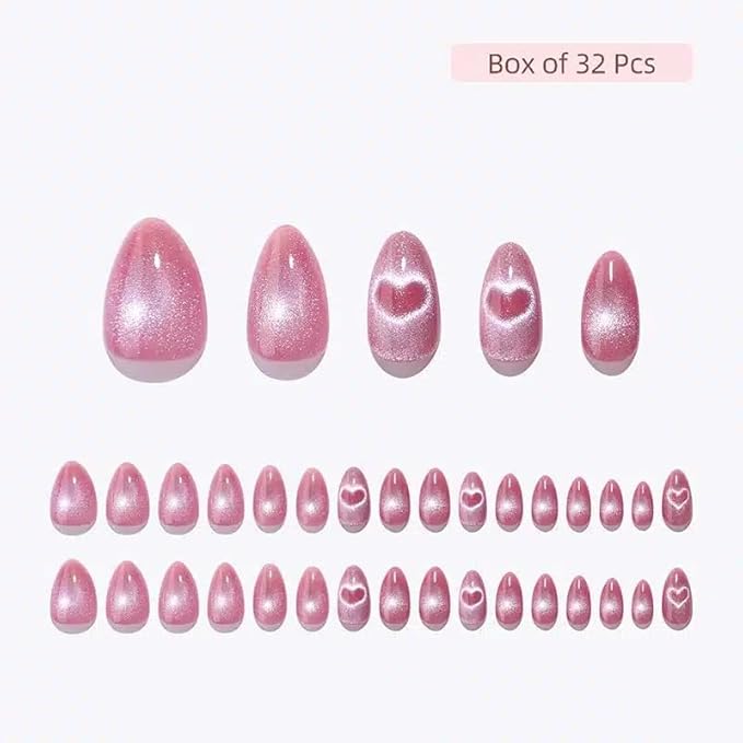 RPNZL Press On Nails - Love Beam | Heart Cat Eye, UV Finish Almond Nails, Salon Quality | 32 Nails, 16 Sizes Kit with Glue and Adhesive Tabs I Female Founded - Beauty, Self Care