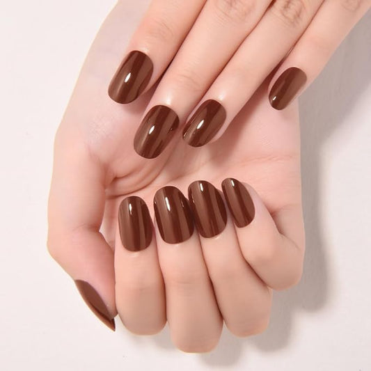 evpct Nude Brown Medium Oval Glossy Press on Nails for Women Gift, Glossy Nude Brown Fake Nail with Kits Manicure Kit, Soft Gel Full Cover Reusable Stick on Soft Acrylic False Nails Perfectly Fit