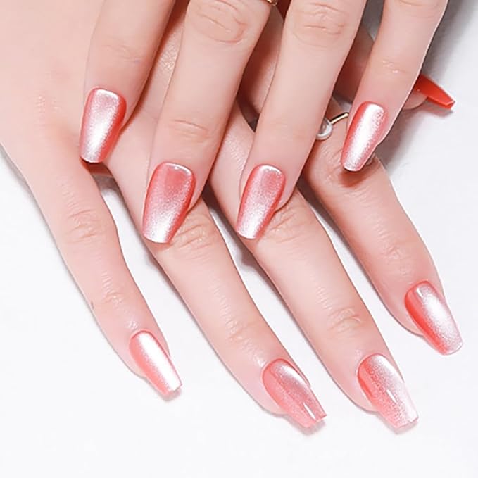 evpct Pink Cat Eye Coffin Press on Nails Square Medium, Medium Square Stick on Nails for Women Gift, Warm Pink Metallic Glitter Glossy Reusable Spring Summer Gel Press on Acrylic Fake Nail with Design