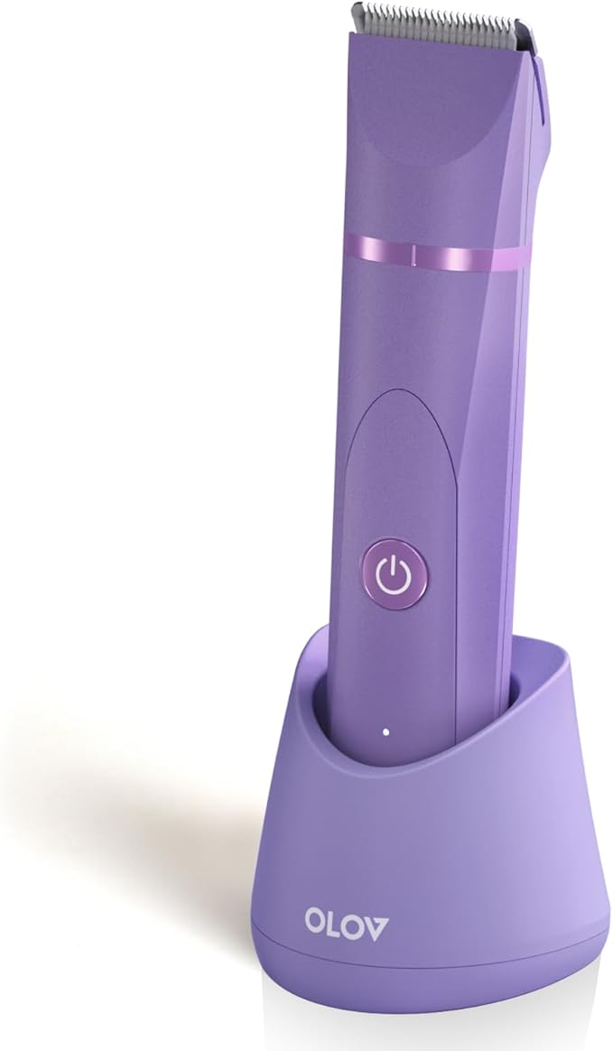 OLOV Electric Body Hair Trimmer - Groin Trimmer for Men - Bikini Trimmer Women - Wet/Dry Shaver Groomer, Replaceable Ceramic Blade Heads, USB Recharge Dock, Waterproof Hygiene Razor, Bright Purple