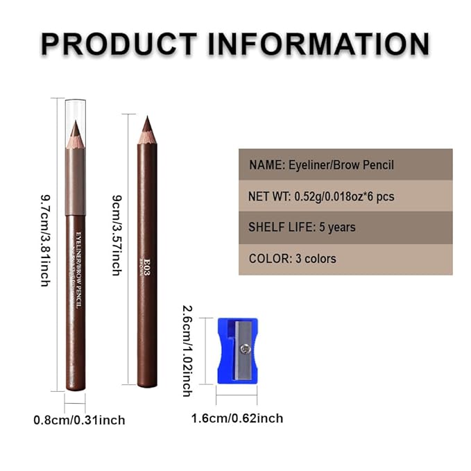 Eyebrow Pencils for Women with Sharpener, 6Pcs Hard-Core Wooden Eye Brow Eye Liner Pencils for Beginner Makeup, Waterproof & Sweat-Proof (6Pcs-Brown)