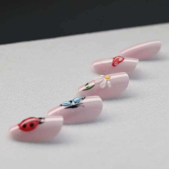 XZMeiLun 3D Insect Flowers Press On Nails Almond Medium, 3D Pattern Designer Reusable Acrylic Nails Press Ons, Fake Nails With Glue On, Daily Wear Floral False Nails For Women
