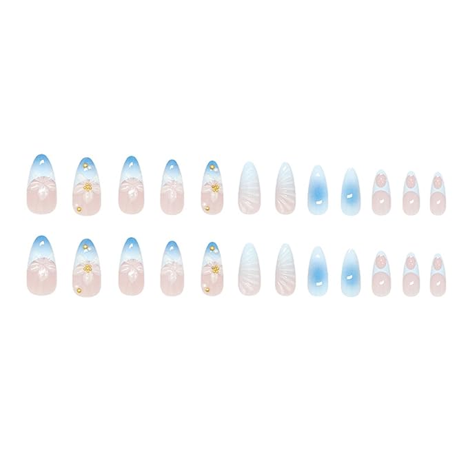JONKASIPA Almond Press on Nails 3D Flower Stick on Nails French False Nails Acrylic Nails Glossy Artificial Nails Full Cover Glue on Nails for Women 24Pcs