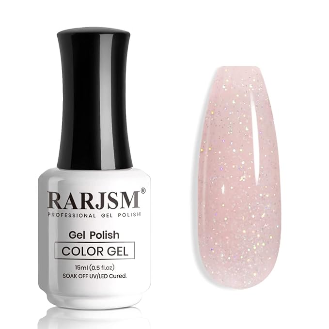 RARJSM Nude Pink Gel Polish Rainbow Glitter Iridescent Shimmer Pigment Jelly Neutral Color Skin Tone 15ml Sparkle Pink Natural Soak off UV LED Cured for Home Salon DIY Nail Art