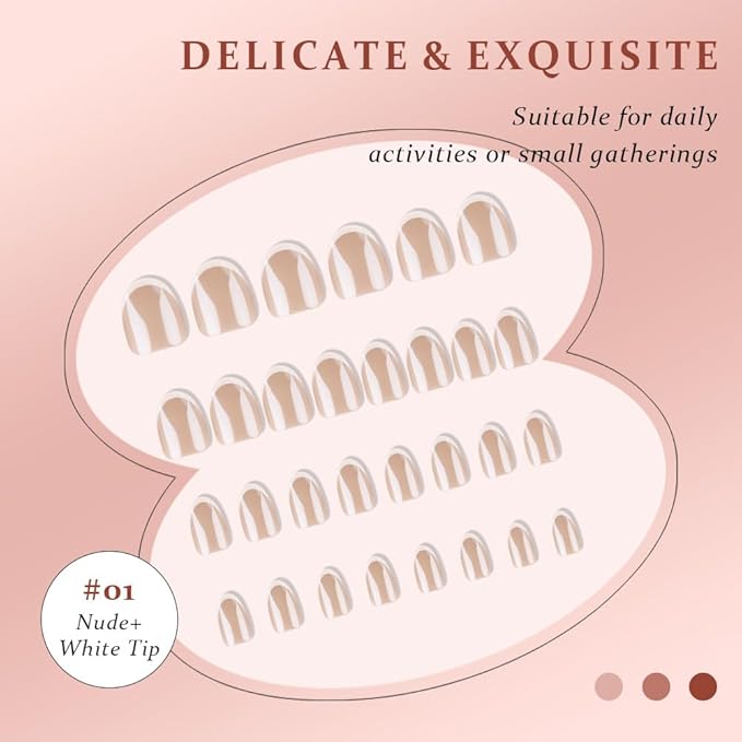 XZMeiLun Press On Nail, French Tip Chrome Acrylic Press On Nails Short Round, Designer Reusable Glazed Fake Nails, Glossy Soft Gel Nails Wedding and Party, Stick On Glue On Nails Press Ons for Women