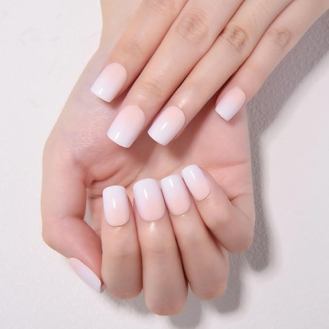 evpct Ombre White to Nude Press on Nails Extra Short, Petite Short Square Glossy Stick on Nails for Women Gift with Manicure Kit, Reusable Soft Gel Stick on Fake Nail with Ombre Designs Perfectly Fit