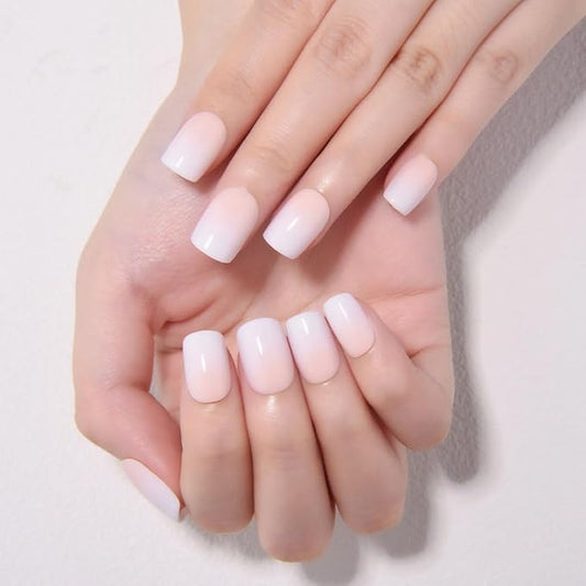 evpct Ombre White to Nude Press on Nails Extra Short, Petite Short Square Glossy Stick on Nails for Women Gift with Manicure Kit, Reusable Soft Gel Stick on Fake Nail with Ombre Designs Perfectly Fit