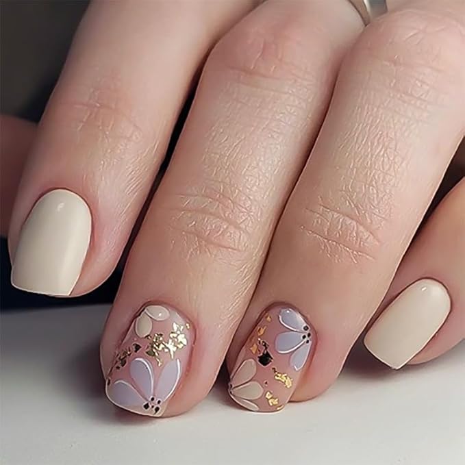 XZMeiLun Press On Nails Spring Summer Acrylic Nails for Women - Blue Gold Designer Fake Nails Short Square 24PCS, Glossy Soft Gel with Glue, Outdoor Picnic/Wedding/Party Reusable Stick On Nails Gift