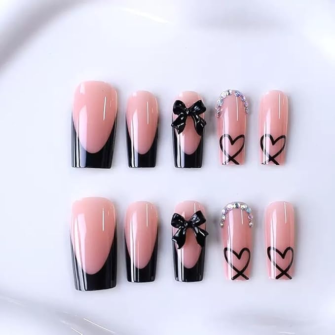 CTTHNBD Medium Press on Nails Coffin - Black French Tip Fake Nails with Bow Charms Design - Heart False Nails Press ons - for Women 24 Pcs