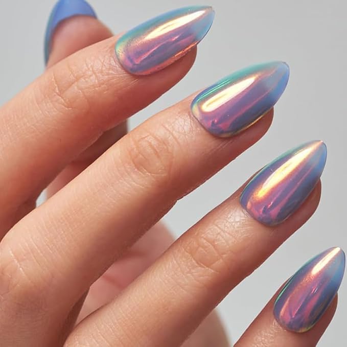 GLAMERMAID Blue Chrome Mermaid Press On Nails Short Almond, Mirror Powder Handmade Soft Jelly Gel Fake Nails, Glazed Donut Round Oval Stick Glue on Nails Kit for Women, Reusable Acrylic False Nail Set