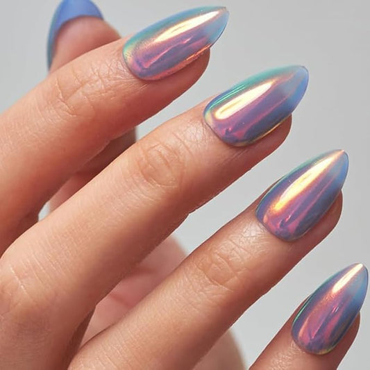 GLAMERMAID Blue Chrome Mermaid Press On Nails Short Almond, Mirror Powder Handmade Soft Jelly Gel Fake Nails, Glazed Donut Round Oval Stick Glue on Nails Kit for Women, Reusable Acrylic False Nail Set