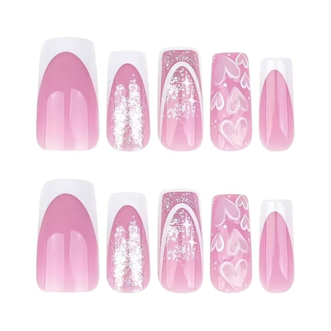 CTTHNBD Press on Nails Square - Medium Pink Fake Nails with Heart Desgin - White French Tip False Nails Press ons - for Women 24 Pcs