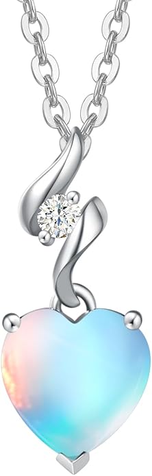 AGVANA Christmas Gifts 14K Solid White Gold Diamond Gemstone Pendant with Sterling Silver Chain 8mm Heart Birthstone Necklace Fine Jewelry Anniversary Birthday Gifts for Women Mom Wife