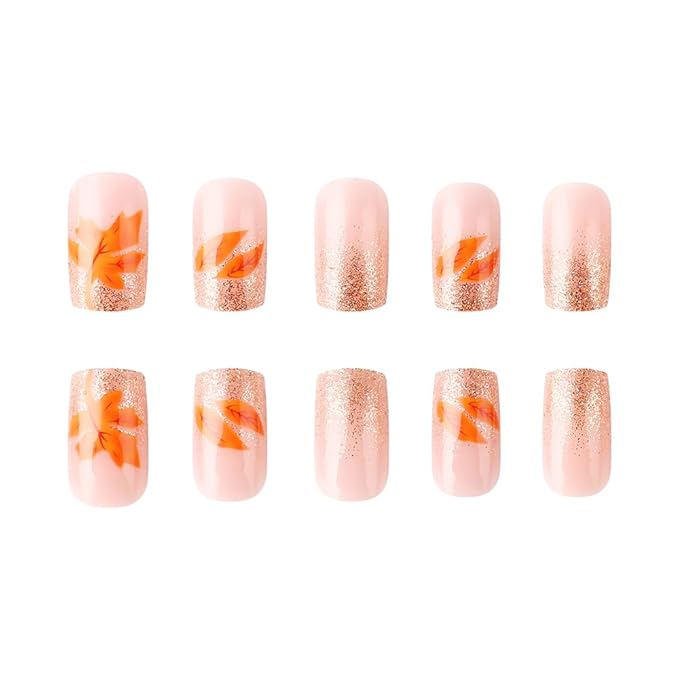 XZMeiLun Fall Press On Nails Short Square, Autumn Orange Acrylic Press On Nails, Lattice Maple Leaf Glitter Designer Reusable Fake Nails, Glue On Nail Press Ons for Hallows' Day Women