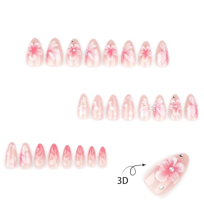 24Pcs Pink Press on Nails Medium Almond Fake Nails with 3D Flower Petal Design Nail Tips Stick on Nails False Nails Spring Summer Floral Acrylic Nail Glue on Nail for Women Parties Dates Wear