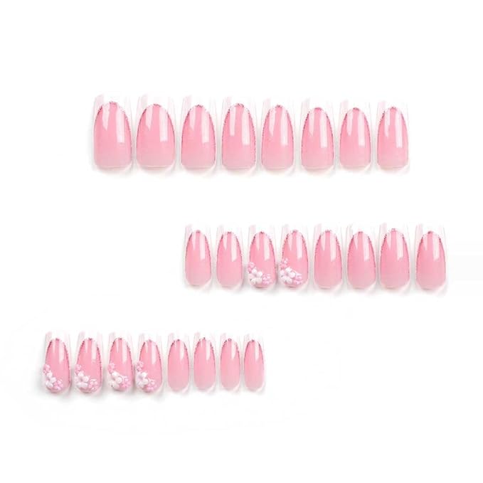 Foccna Press on Nails Long Rhinestone Pink Fake Nails Square Bling Glossy 3D Flower Artificial Nails Finger Manicure for Women and Girls-24pcs (Long Nails 5)