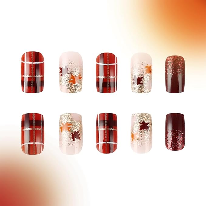 XZMeiLun Fall Press On Nails Medium Square, Autumn Orange Wine Acrylic Press On Nails, Lattice Maple Leaf Glitter Designer Reusable Fake Nails, Glue On Nail Press Ons for Hallows' Day Women
