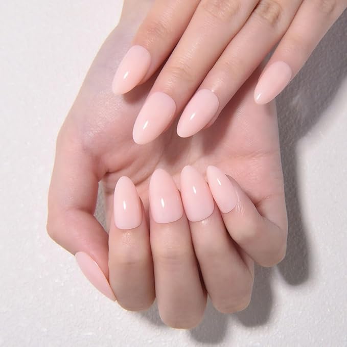 evpct Nude Pink Glossy Press on Nails Short Almond, Glossy Fake Nail Stick on Nail for Women Gift with Kit, Salon Quality Soft Gel Stick on Acrylic False Nails Reusable Full Cover for Women Manicure