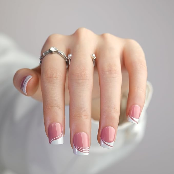 XZMeiLun French Tip Press On Nails Summer Acrylic for Women - Designer Fake Nails Short Square 24PCS, Glossy Soft Gel with Glue, Outdoor Picnic/Wedding/Party Reusable Stick On Nails Gift