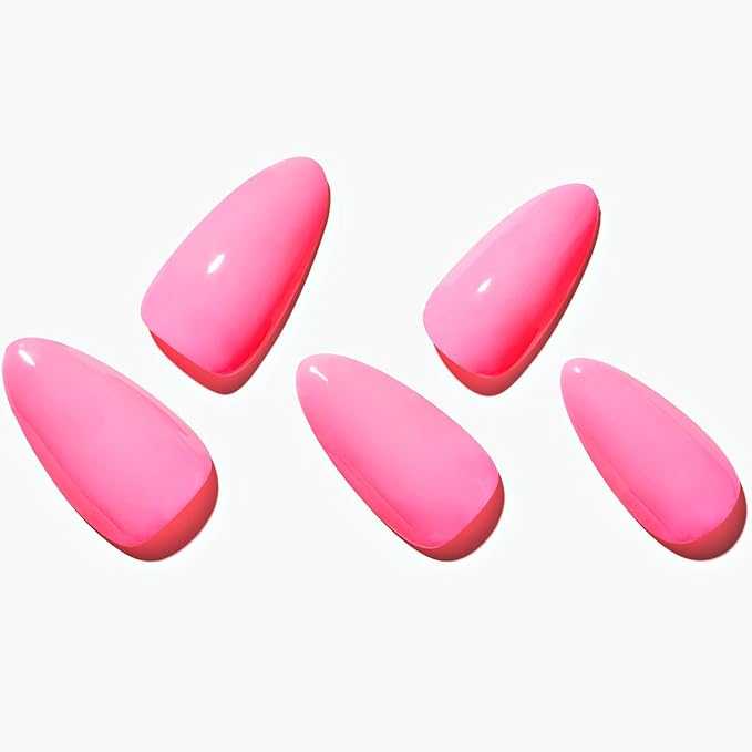 GLAMERMAID Press on Nails Medium Almond, Spring Summer Handmade Hot Pink Gel Glue on Nail, Glossy Short Stiletto Reusable UV Finish Fake Nails Acrylic False Nails Manicure Kits for Women