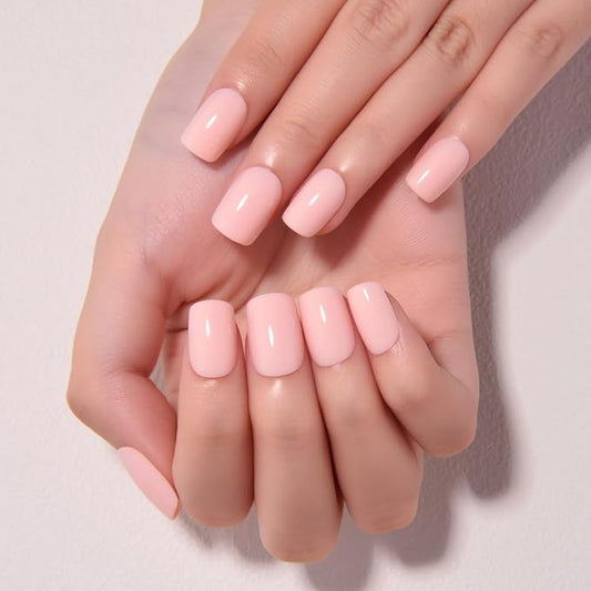 evpct Light Nude Pink Short Press on Nails Square, Glossy Soft Gel Acrylic Fake Press on Nails Manicure Kit, Reusable Artificial Stick on Nail for Women, Full Cover Easy Application Easy At-Home Salon