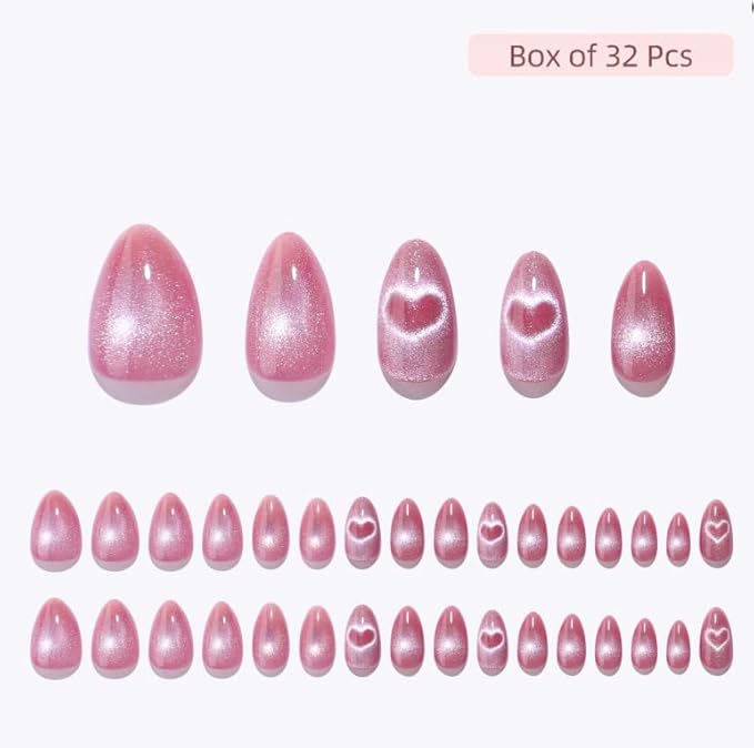 RPNZL Press On Nails - Love Beam | Heart Cat Eye, UV Finish Almond Nails, Salon Quality | 32 Nails, 16 Sizes Kit with Glue and Adhesive Tabs I Female Founded - Beauty, Self Care