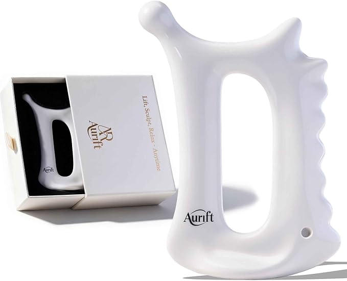 Aurift Ceramic 6‑in‑1 Gua Sha Tool for Face & Body, Jawline Sculpting, Double Chin Reduction, Lymphatic Drainage, Trigger Point Manual Massage Tool, Self-Care Gift Box for Women, White