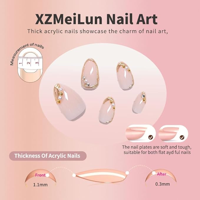 XZMeiLun Short Almond Press on Nails with French Tip & 3D Gold Line Pearl Charms Design, Glossy Full Cover Acrylic False Nails with Glue, Reusable Stick-on Fake Nails for Women- Fall Nail Art Gift