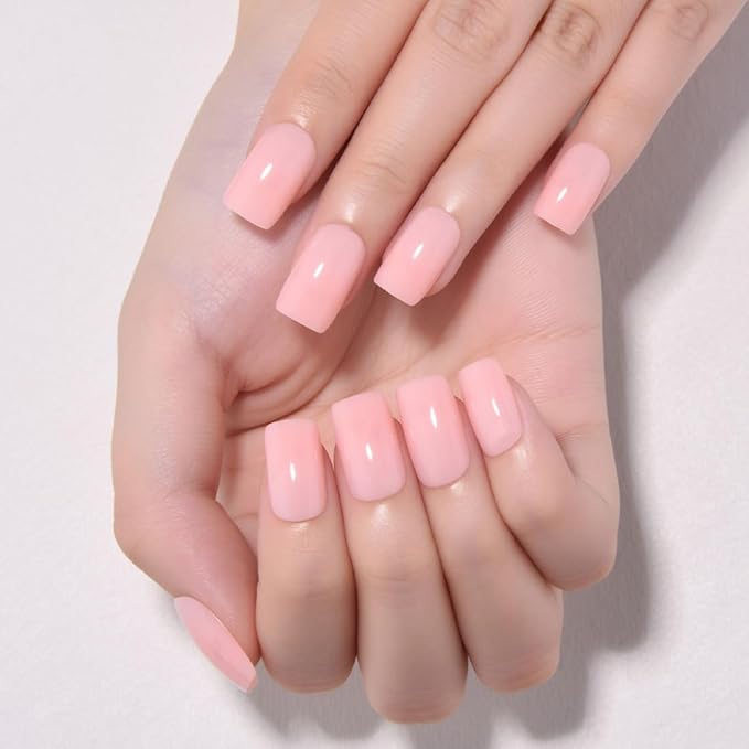 evpct Pale Nude Pink Short Square Glossy Press on Nails for Women Gift, Glossy Pale Nude Pink Fake Nail with Kits Manicure Kit, Soft Gel Full Cover Reusable Stick on Acrylic False Nails Perfectly Fit