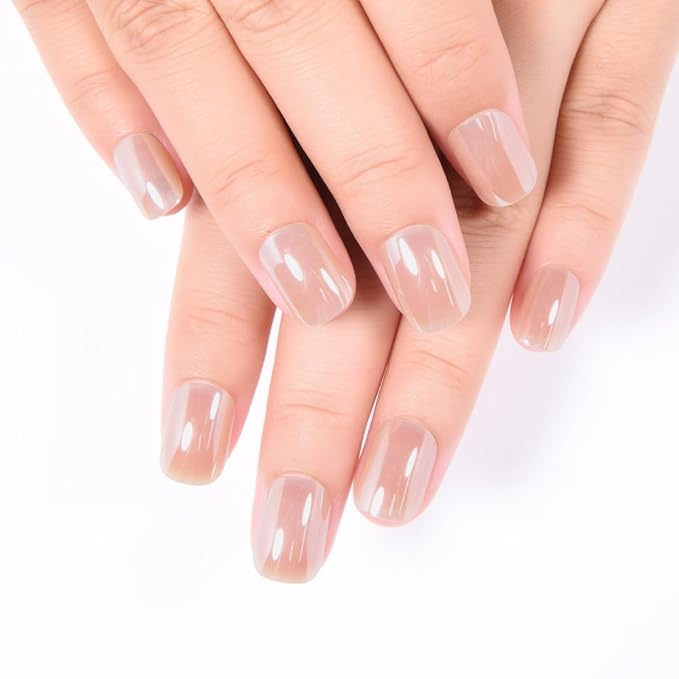 evpct Nude Glazed Press on Nails Short Square for Women Girls Gift, Chrome Glazed Nude Fake Nails Reusable with Soft Gel, Glossy Glitter Stick on False Nail Kit Salon Quality DIY at Home, 01