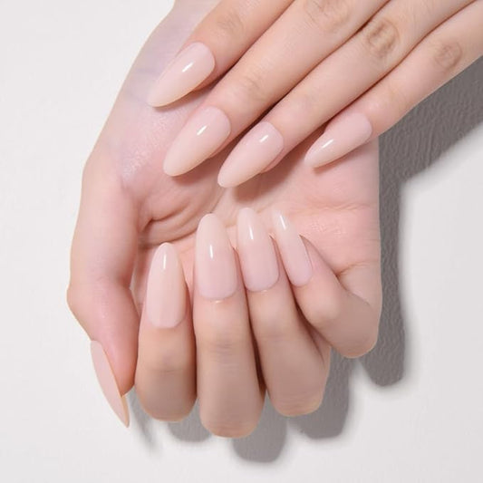 evpct Light Nude Medium Almond Glossy Press on Nails for Women Gift, Glossy Light Nude Fake Nail with Kits Manicure Kit, Soft Gel Full Cover Reusable Stick on Soft Acrylic False Nails Perfectly Fit