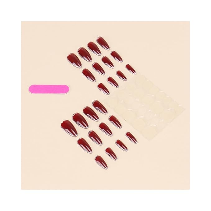 SHELWIN French Press On Nails Ready-To-Wear DIY Manicure Stick On Nails kit for Women 24 Pcs Short Medium Coffin Almond Shaped False Nails Gifts（Cherries）