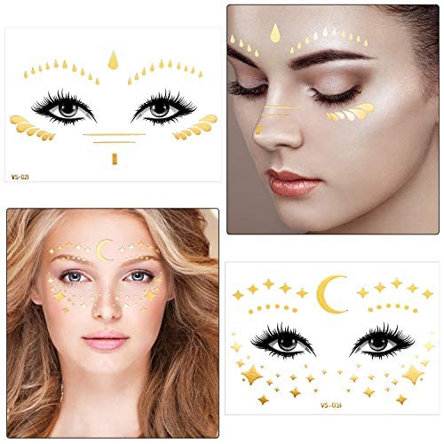 Zonon 20 Sheets Gold Glitter Freckles Face Tattoo Sparkle Face Makeup Patches Metallic Face Tattoo Sticker Temporary Transfer Tattoo Parties Decor for Halloween Christmas Women Makeup Dancer Costume