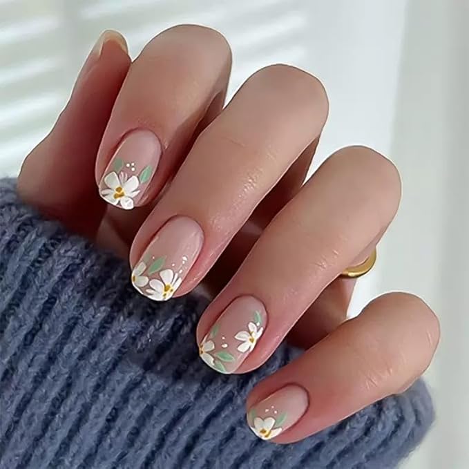 Short Press on Nails Square - Cute Fake Nails with Flower Leaf Design - Spring Full Cover Stick on False Nails for Women - 24 Pcs