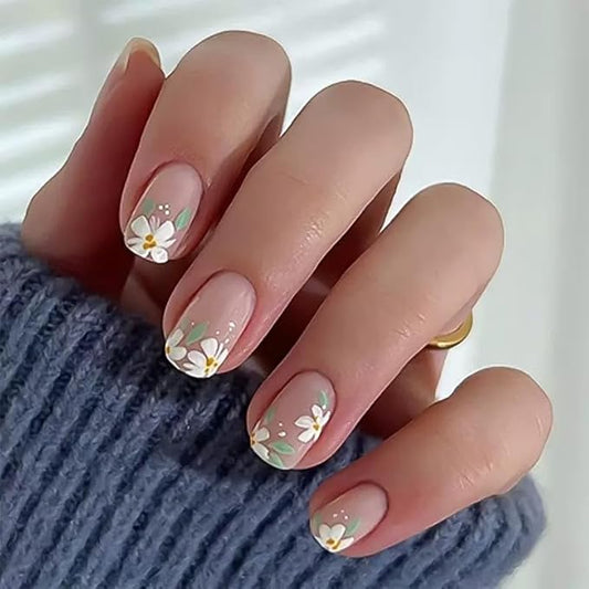 Short Press on Nails Square - Cute Fake Nails with Flower Leaf Design - Spring Full Cover Stick on False Nails for Women - 24 Pcs