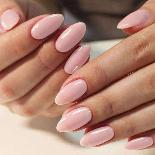GLAMERMAID Light Pink Nude Press On Nails Short Almond, Translucence Coral Glossy Handmade Soft Jelly Gel Fake Nails, Pure Round Oval Stick Glue on Nails Kit for Women, Reusable Acrylic False Nail Set